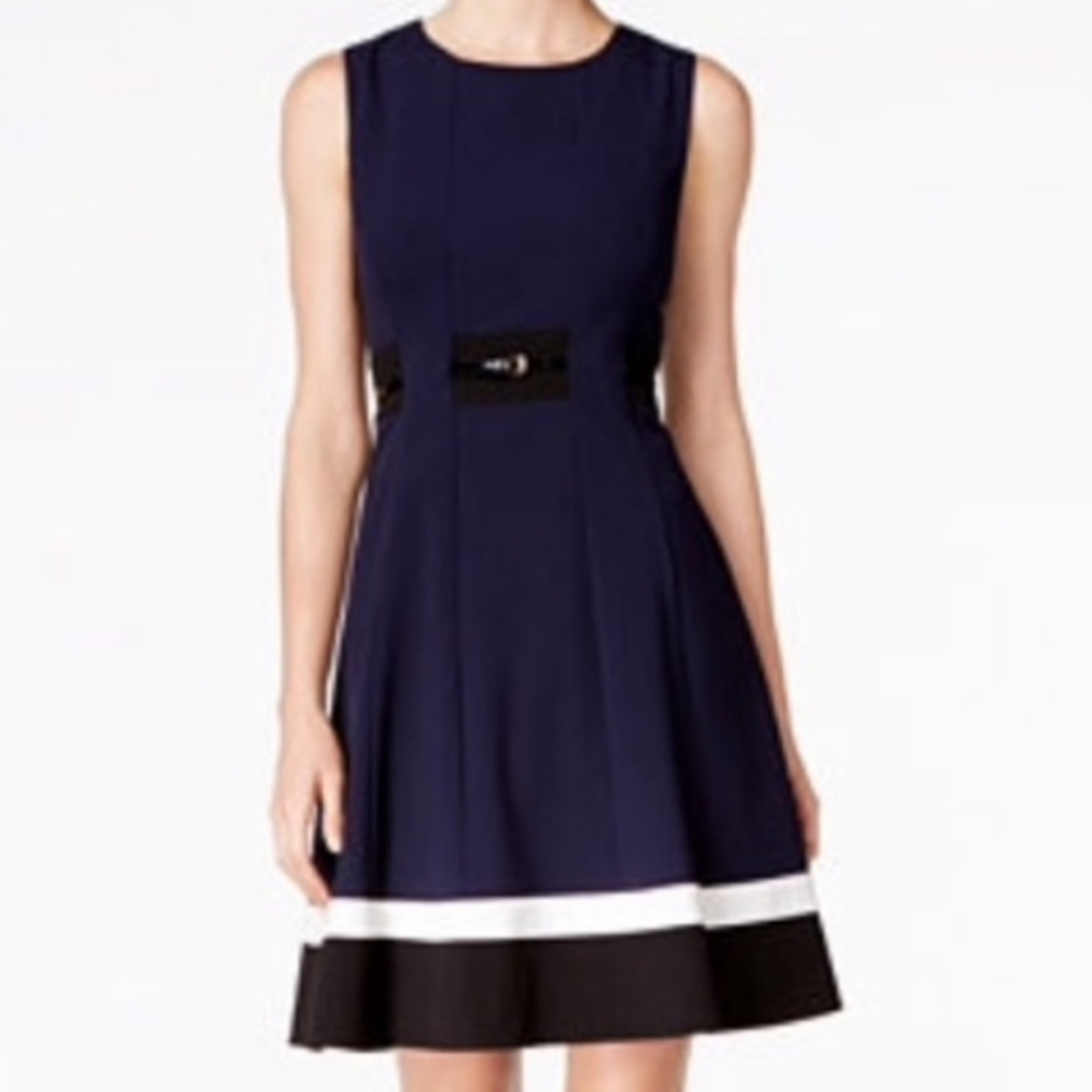 Calvin Klein Dress Fit & Flare Sleeveless Colorblock Striped Hem A-line Blue 10